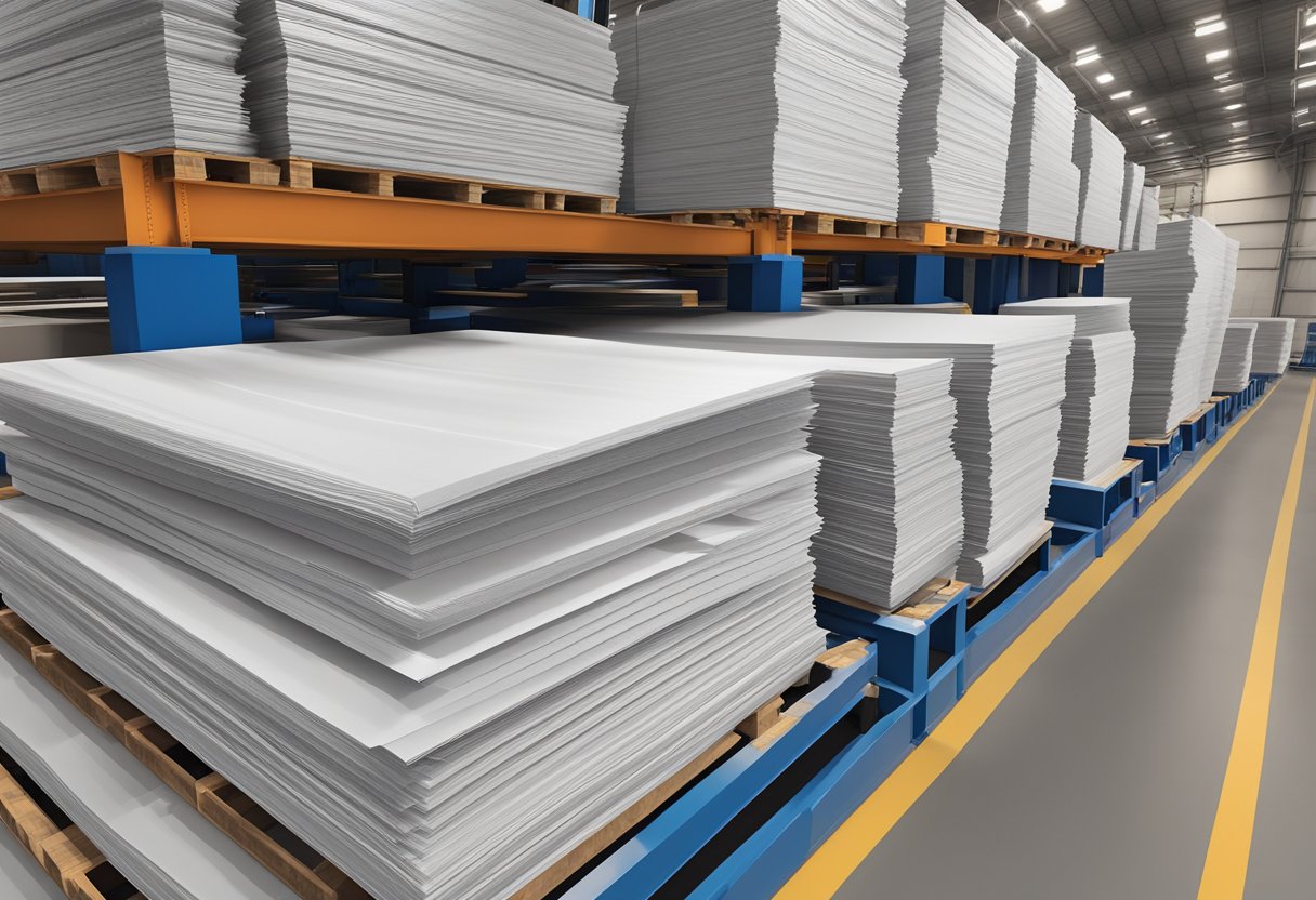 A stack of F122 formply sheets neatly piled in a warehouse, with clear labeling and uniformity in size and shape