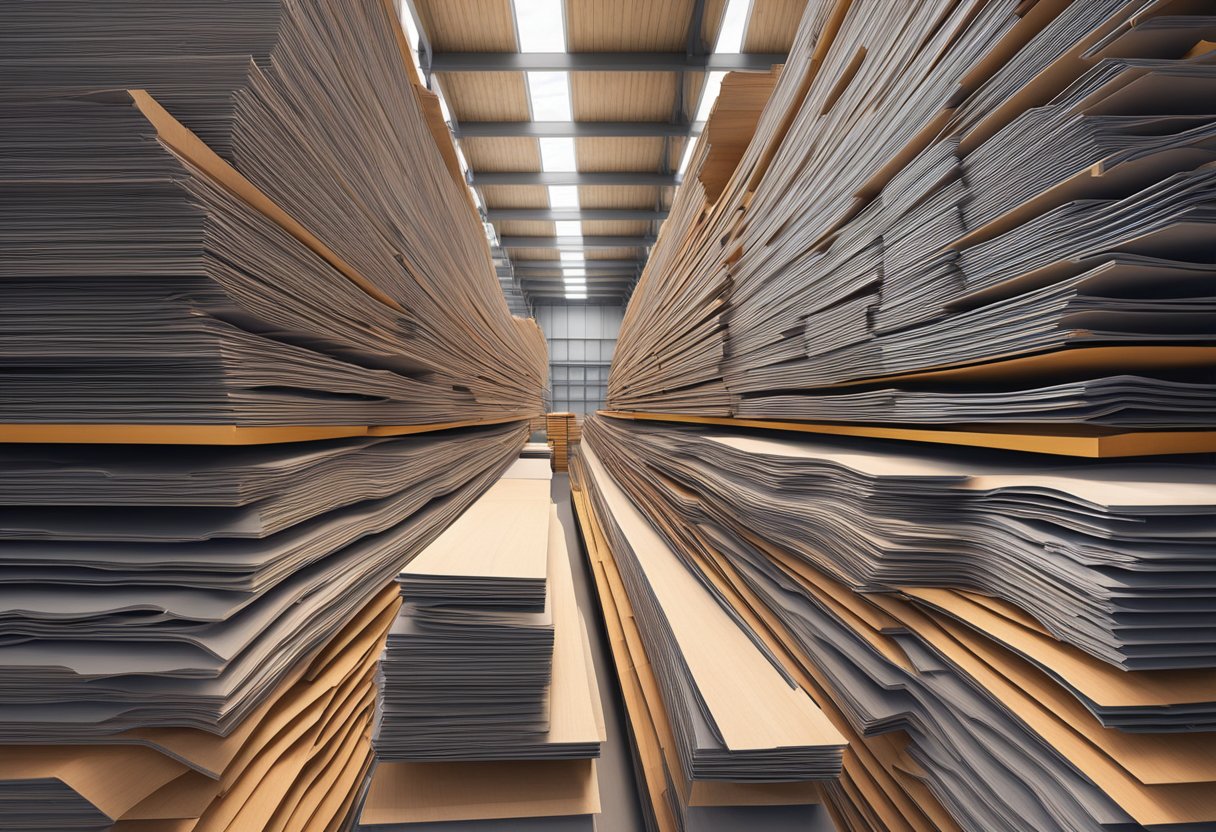 A stack of F14 form ply sheets in a warehouse, neatly organized and ready for use