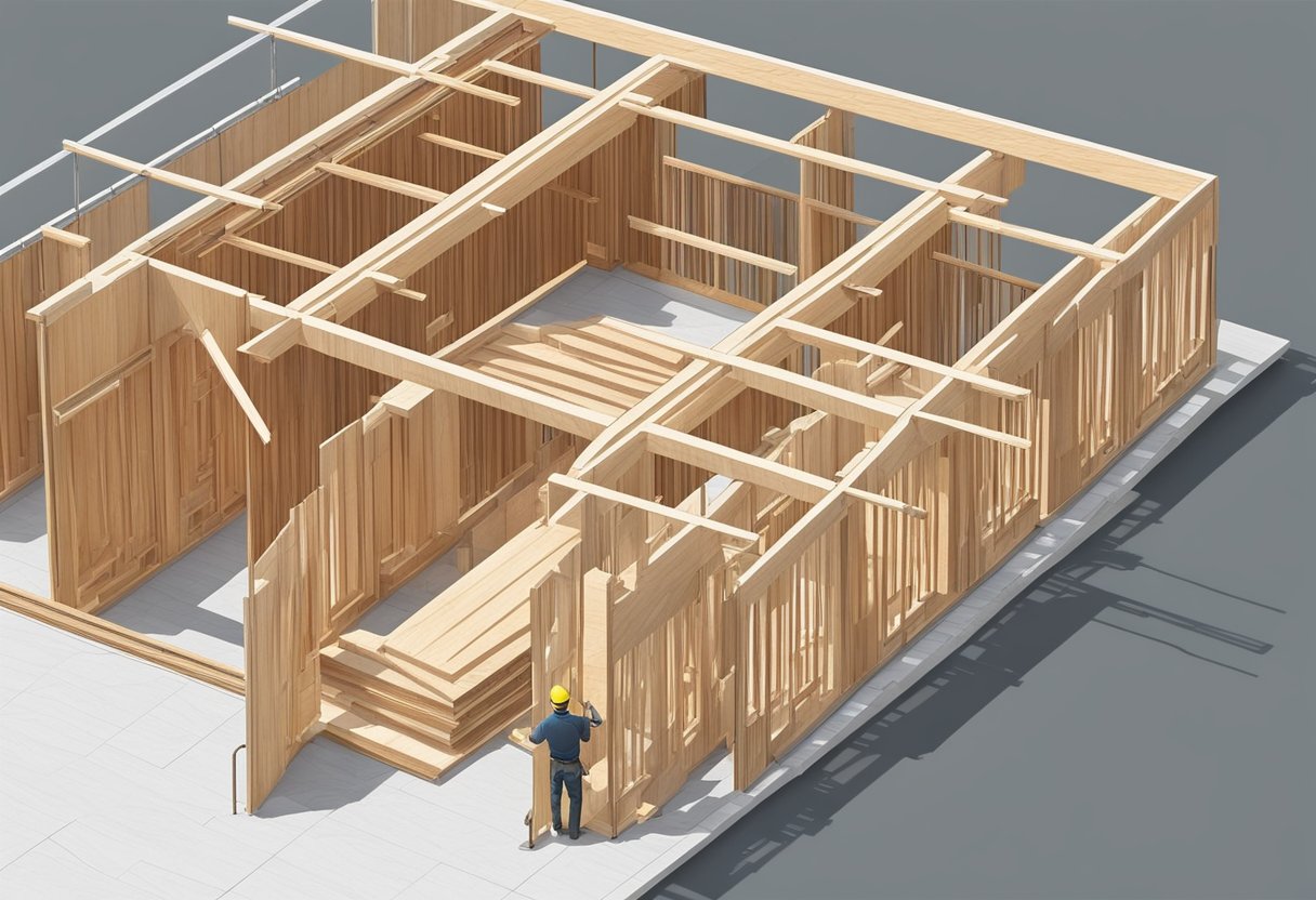 F14 form ply being used to construct a sturdy framework for a building. Wood panels being cut and installed by workers on a construction site