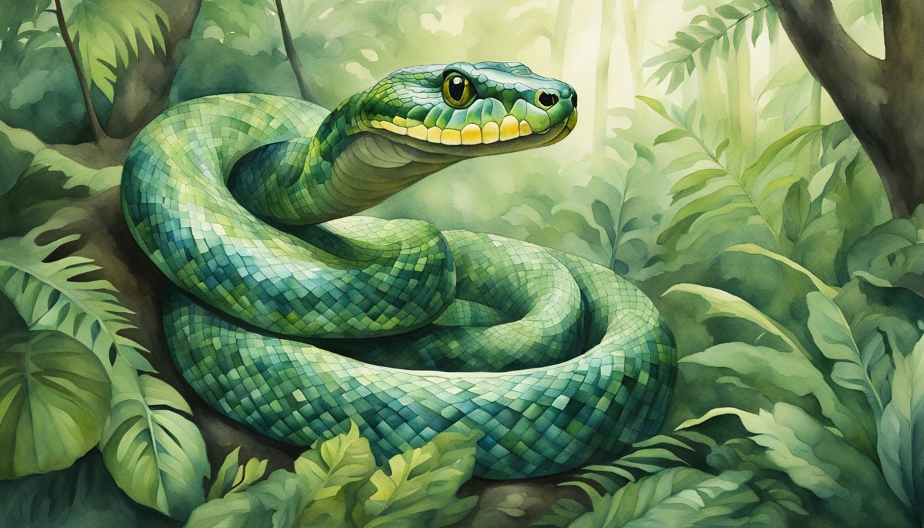 A massive snake slithers through a dense jungle, towering over the surrounding trees.</p><p>Its glistening scales and powerful coils convey its immense size and strength