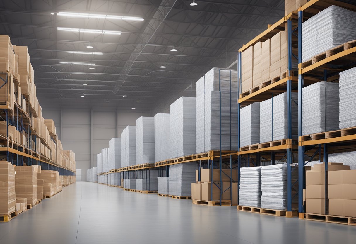 A stack of F27 formply sheets neatly arranged in a warehouse, with the company logo visible on the packaging