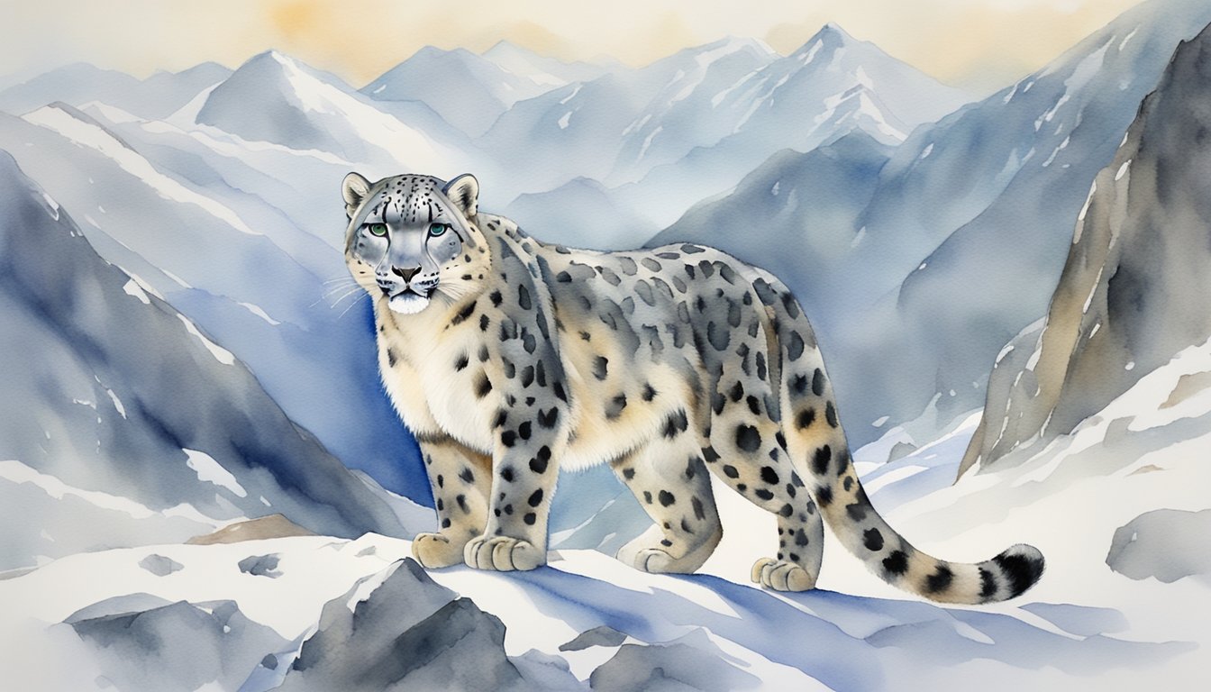 Snow leopard prowls through snowy mountain terrain, surrounded by prey and potential threats