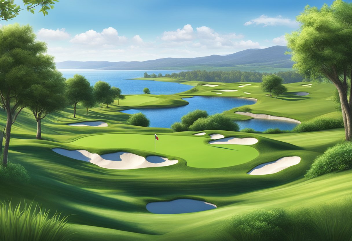A lush green golf course with a Golfzon Newdin Holdings logo prominently displayed. A clear blue sky and picturesque landscape surround the course