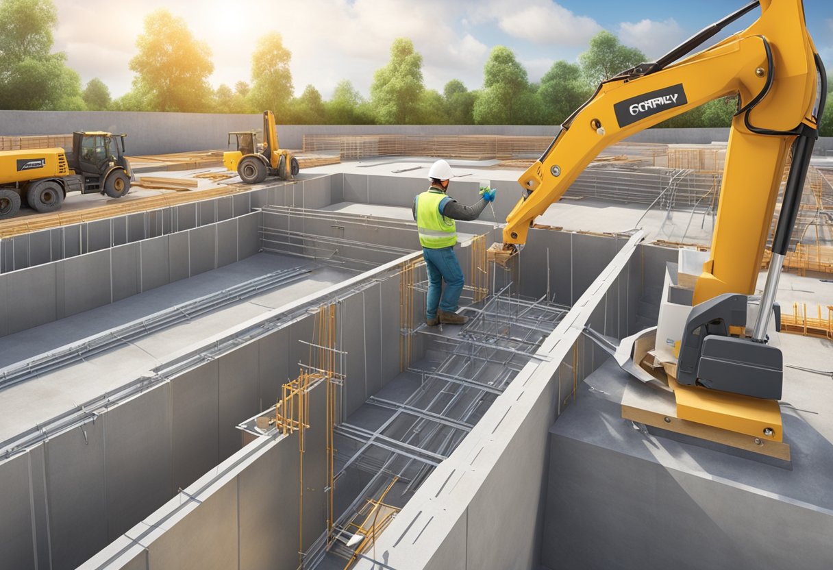 Formply F11 being used to construct a sturdy formwork for concrete pouring. Workers securing the formwork in place, measuring and cutting the panels to fit