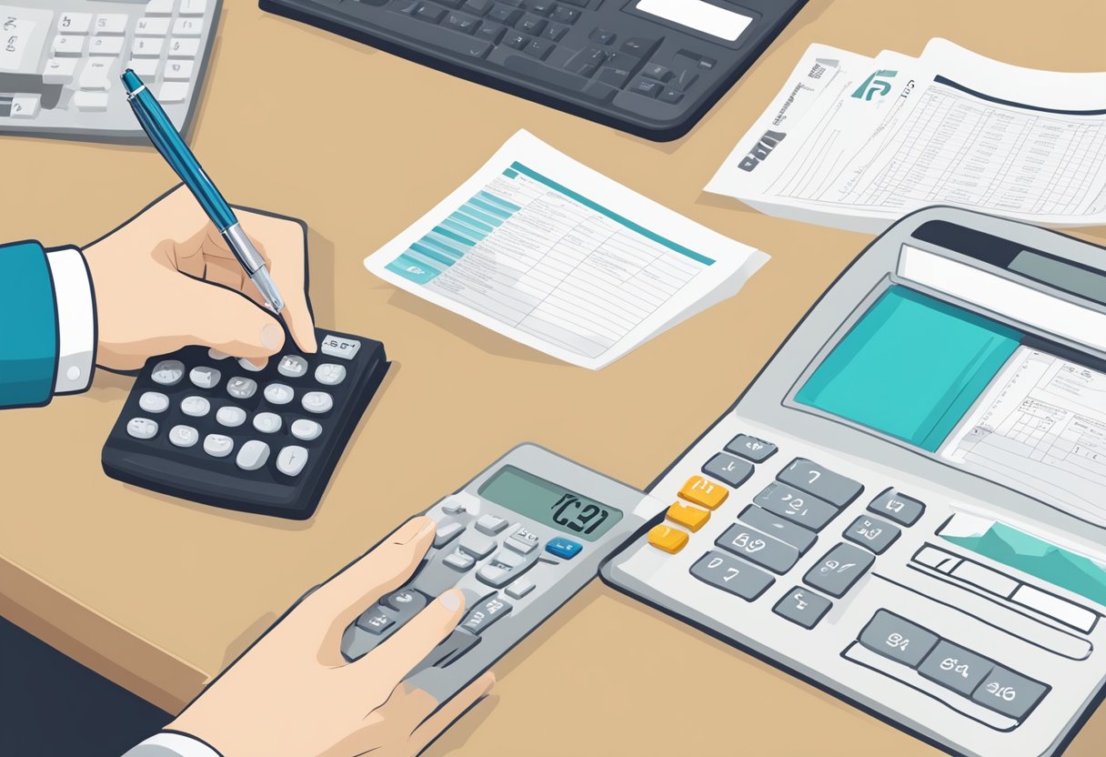 A hand holding a pen fills out a purchasing and costs form labeled "f11" on a desk with a calculator and receipts