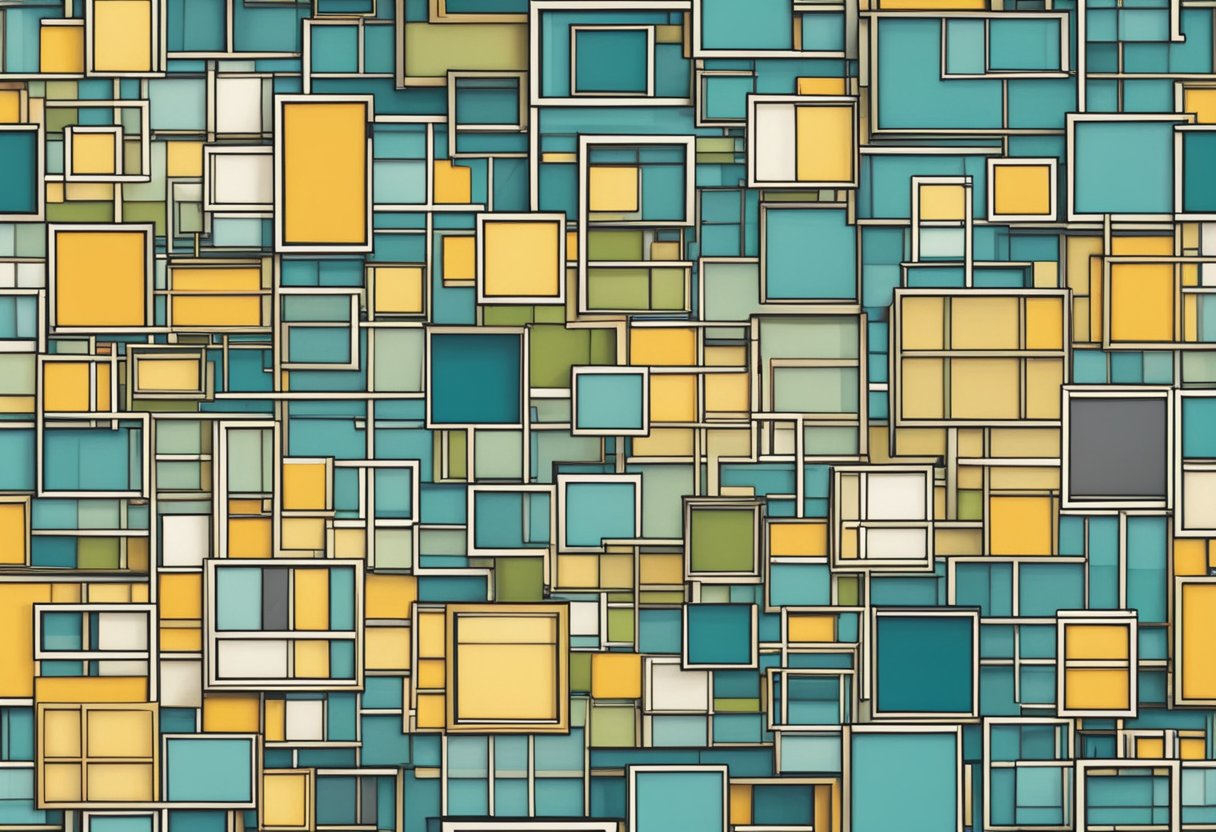 A grid of interconnected frames with varying sizes and shapes, arranged in a visually appealing composition