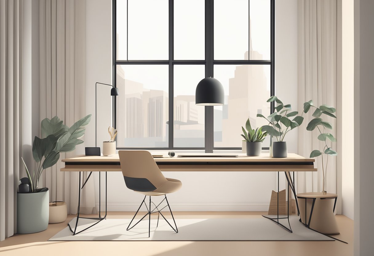 A minimalist workspace with a clean desk, modern chair, and large window with natural light. Simple, geometric decor and neutral color palette