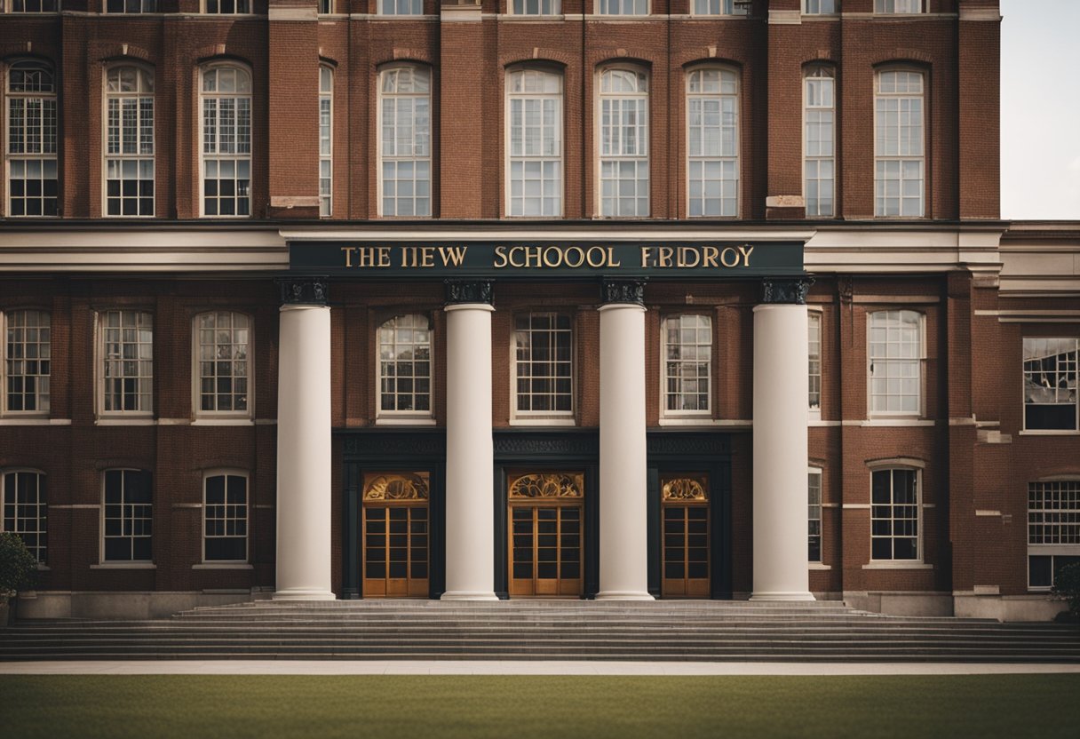 The New School's history is depicted through a series of old buildings, books, and academic symbols, evoking a sense of tradition and intellectual pursuit