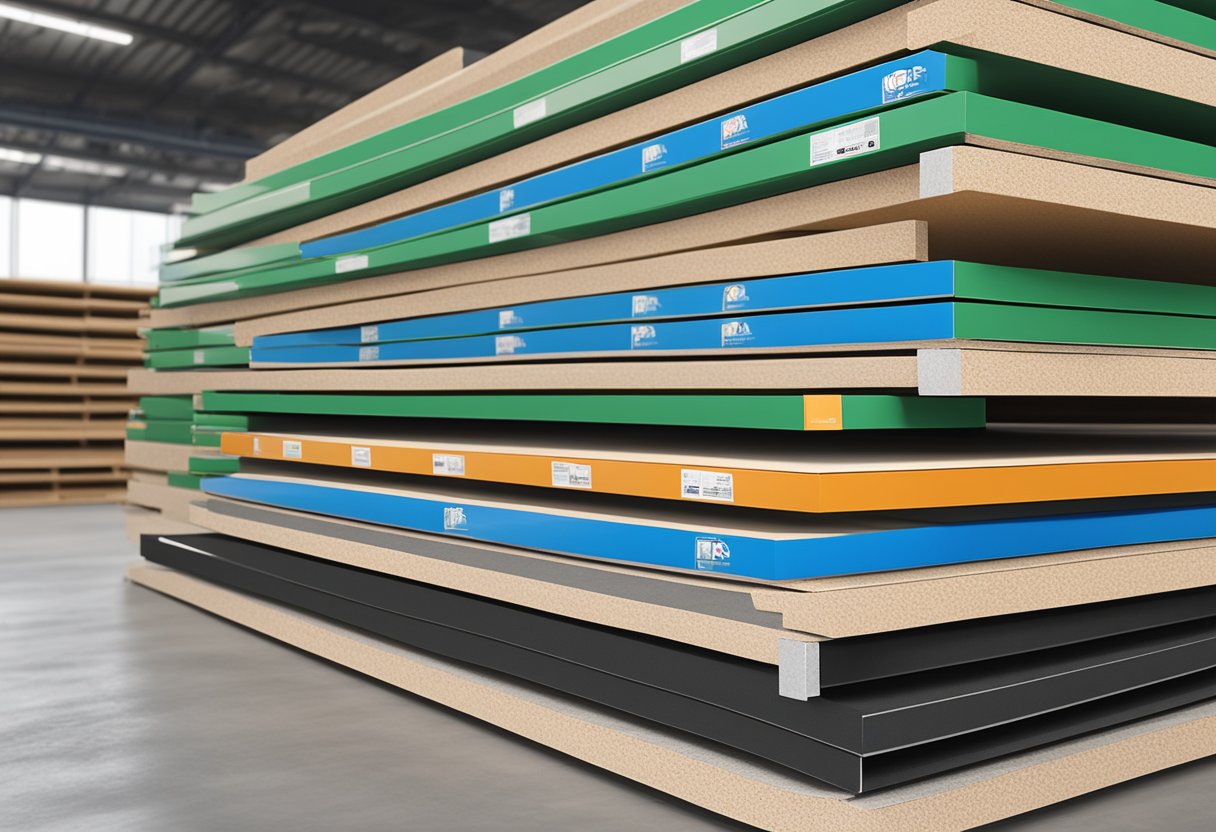 A stack of HPL fireproof boards neatly arranged in a warehouse, with the logo prominently displayed on the front of each board