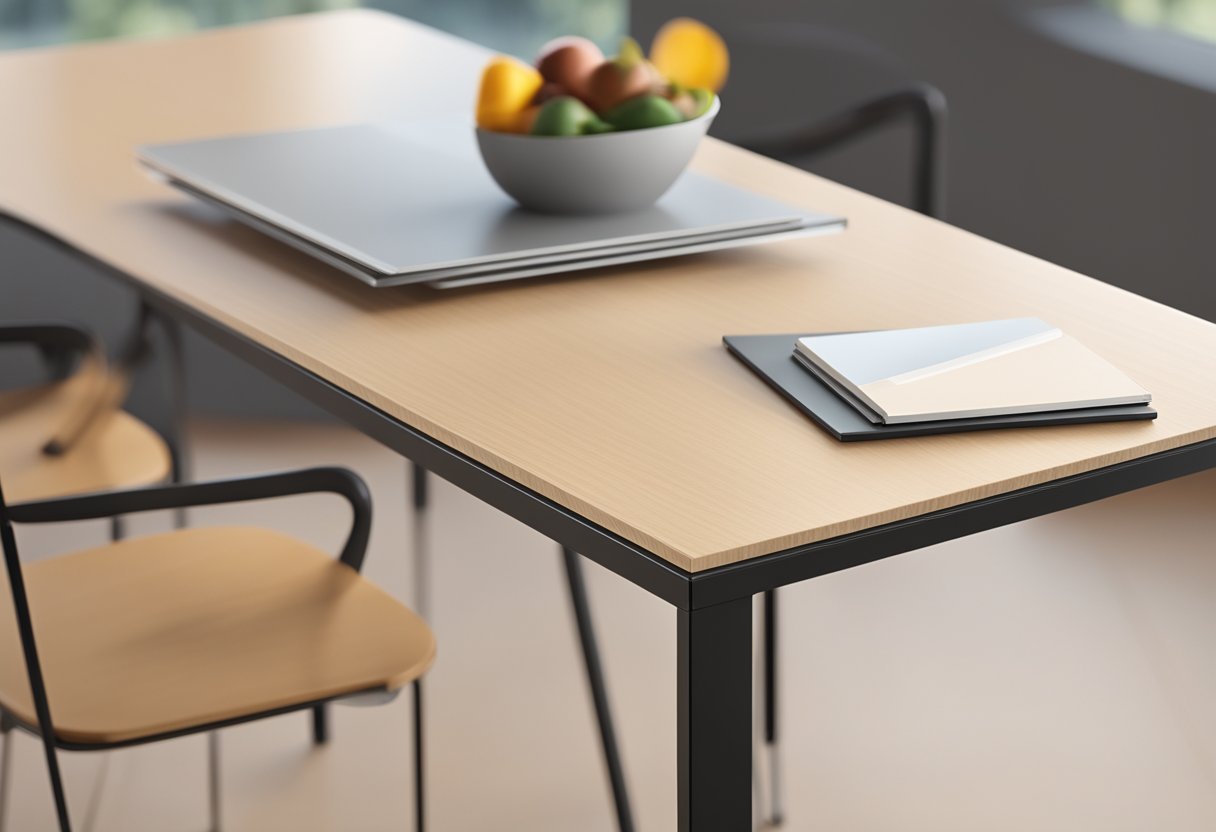 A close-up of a sleek, modern table made of HPL fireproof board, showing its smooth surface and durable material properties