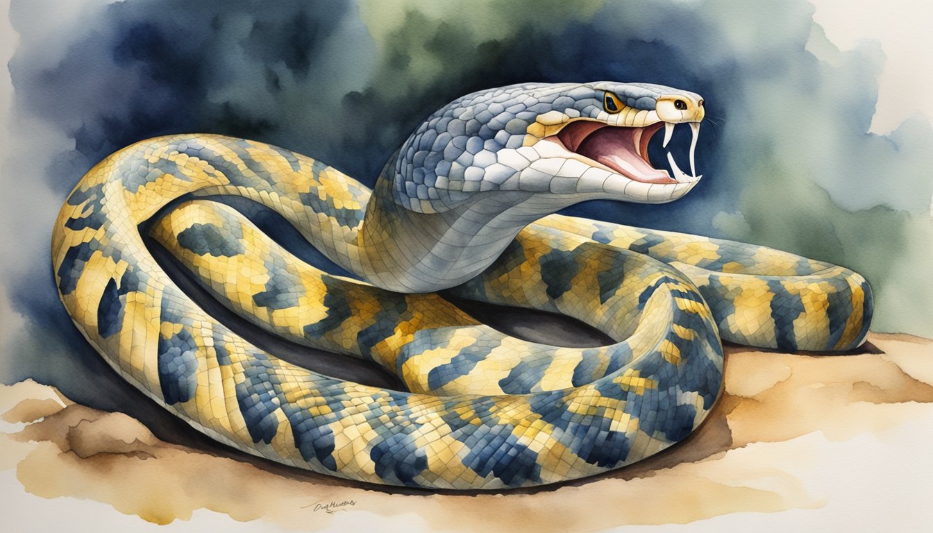 A king cobra rears up, hood spread, hissing and flicking its tongue in a defensive display