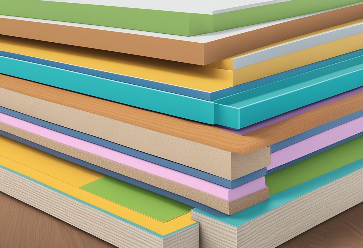 A stack of melamine faced blockboards, smooth surface, visible wood grain, and edges sealed with matching color