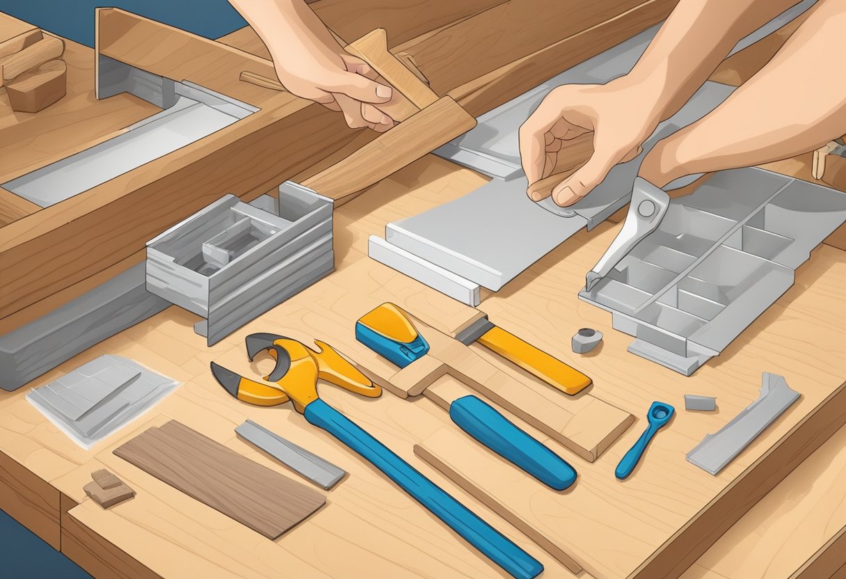 A carpenter assembling melamine faced blockboard for kitchen cabinets. Tools and glue on workbench. Sawdust on the floor