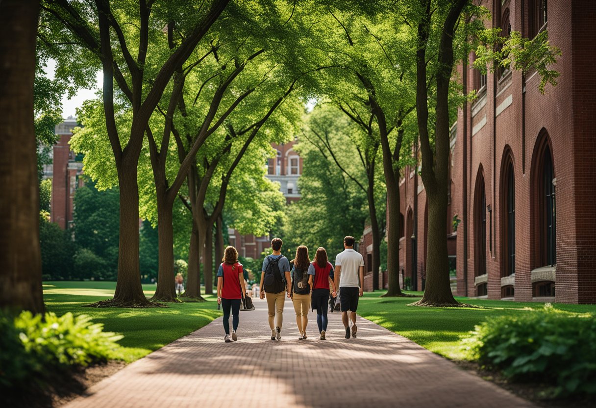 The red-brick buildings of the University of Louisville stand tall against a backdrop of lush green trees, with students walking through the campus on a sunny day