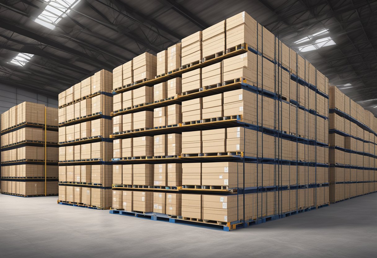 A stack of Rocply Formply boards arranged neatly in a warehouse, with clear labeling and branding visible