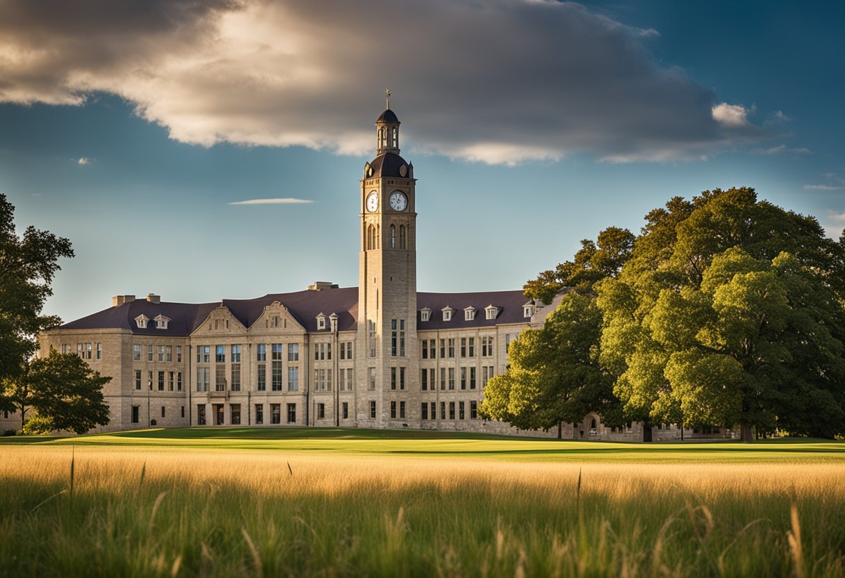 Kansas State University's historic limestone buildings stand against a backdrop of rolling hills and tall grass prairies. The campus is bustling with students walking to and from class, while the university's iconic clock tower looms in the distance