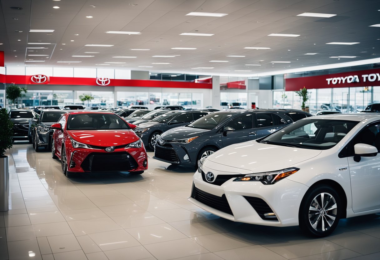 A bustling Toyota dealership with cars on display, salespeople assisting customers, and a logo prominently displayed