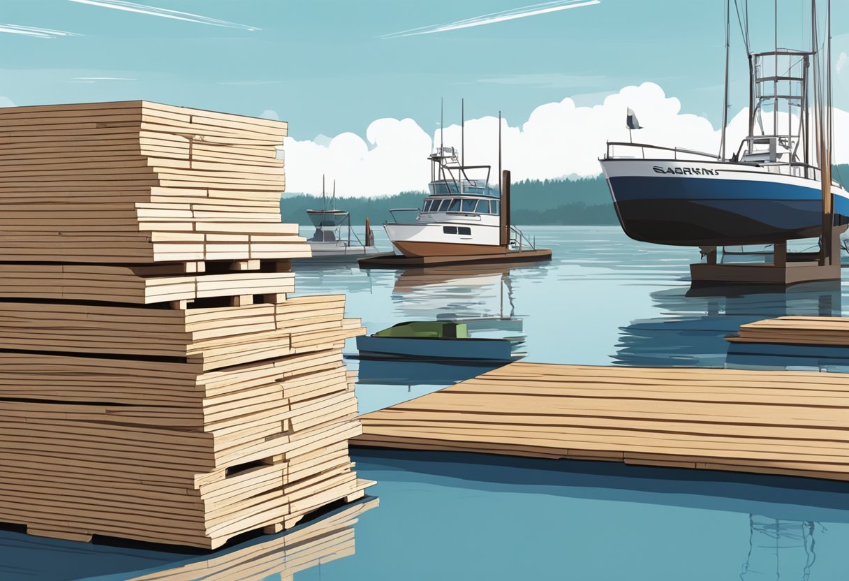 Marine grade plywood stacked on a dock, with water and boats in the background