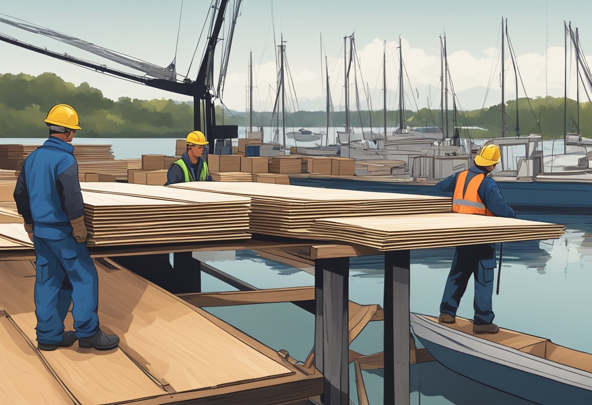 Marine grade plywood stacked on a dock, with boats in the background and workers carrying sheets