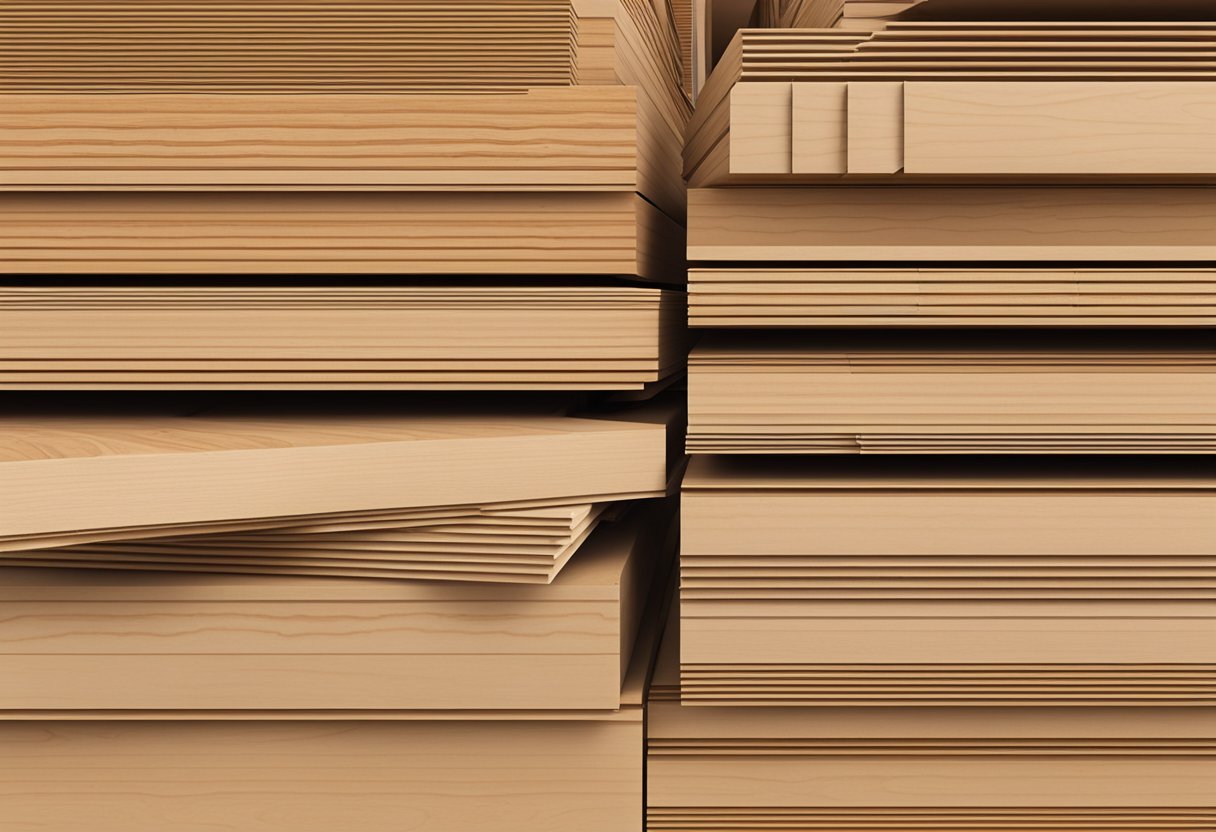 A stack of XLife plywood sheets neatly arranged in a warehouse, with the brand name clearly visible on each sheet