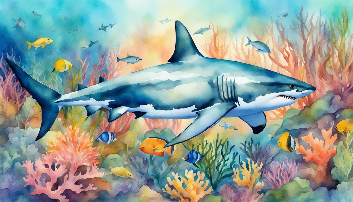 A great white shark swims among diverse marine life in a vibrant coral reef, showcasing its role in the ecosystem