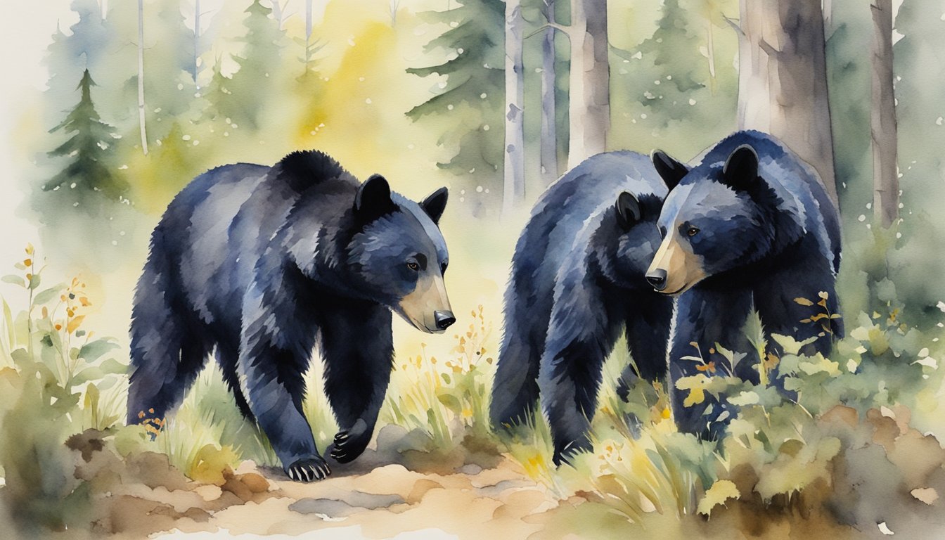 Two black bears foraging together in a forest, one sniffing the ground while the other stands on hind legs to reach for berries