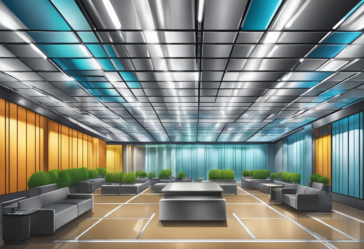 Aluminum ceiling panels shining under bright lights, reflecting a sleek and modern aesthetic
