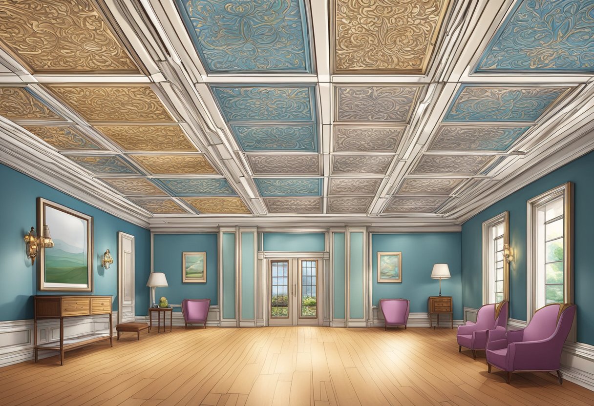 Various decorative ceiling tiles in different shapes and patterns hang above a well-lit room, adding elegance and style to the space