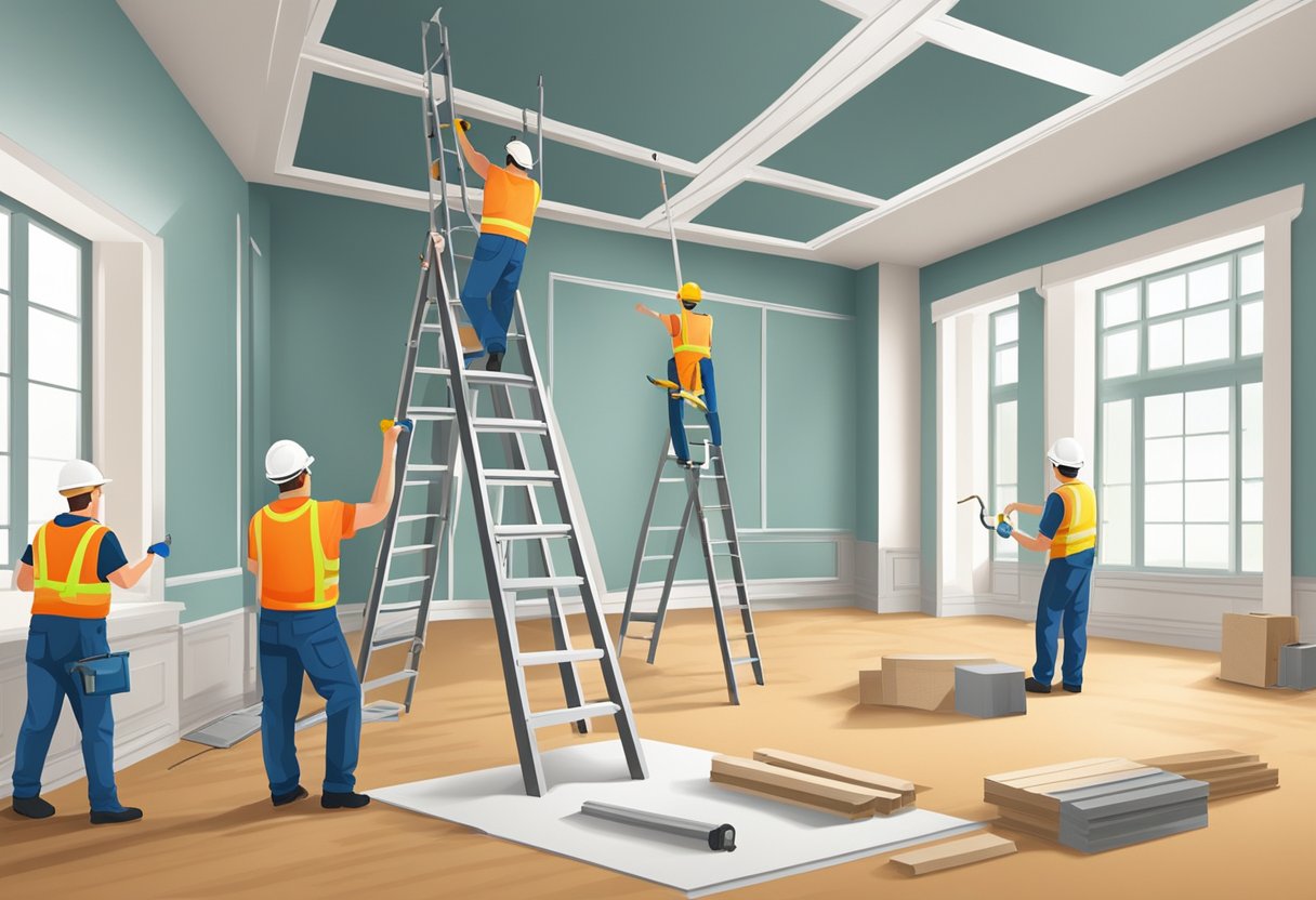 Workers installing decorative ceiling tiles in a spacious room with ladders and tools