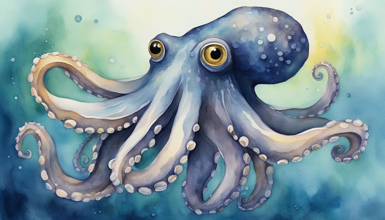 An octopus with eight tentacles, a large bulbous head, and prominent eyes, swimming gracefully in the deep ocean