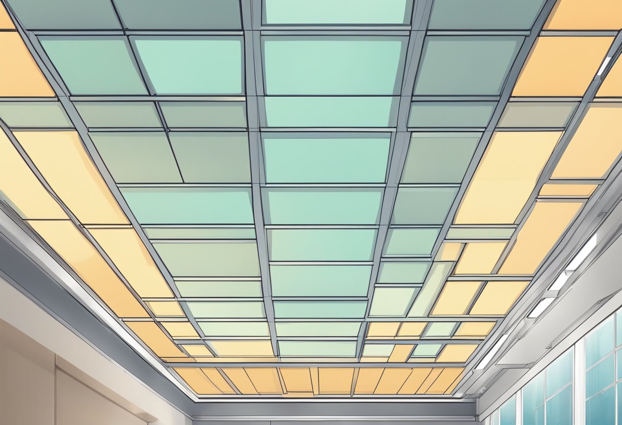 Ceiling panels absorb sound in a room with minimal decor. Panels are evenly spaced and mounted on the ceiling. Light sources illuminate the space