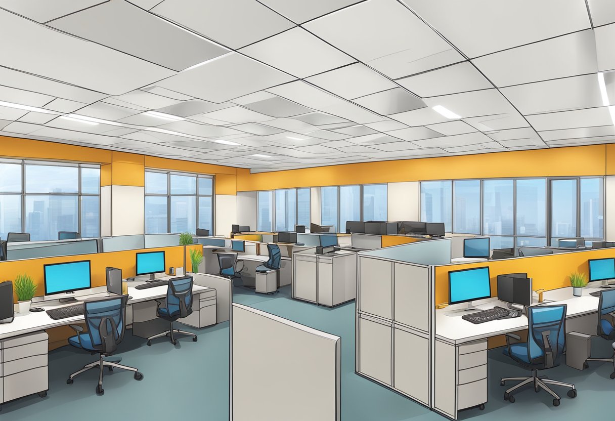 Ceiling panels hang above a crowded office, reducing noise