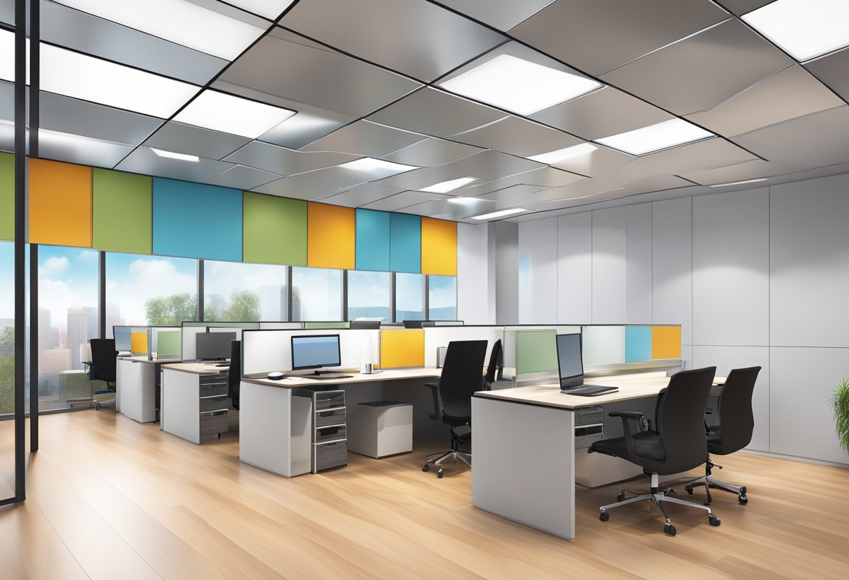 An aluminium false ceiling suspended above a modern office space