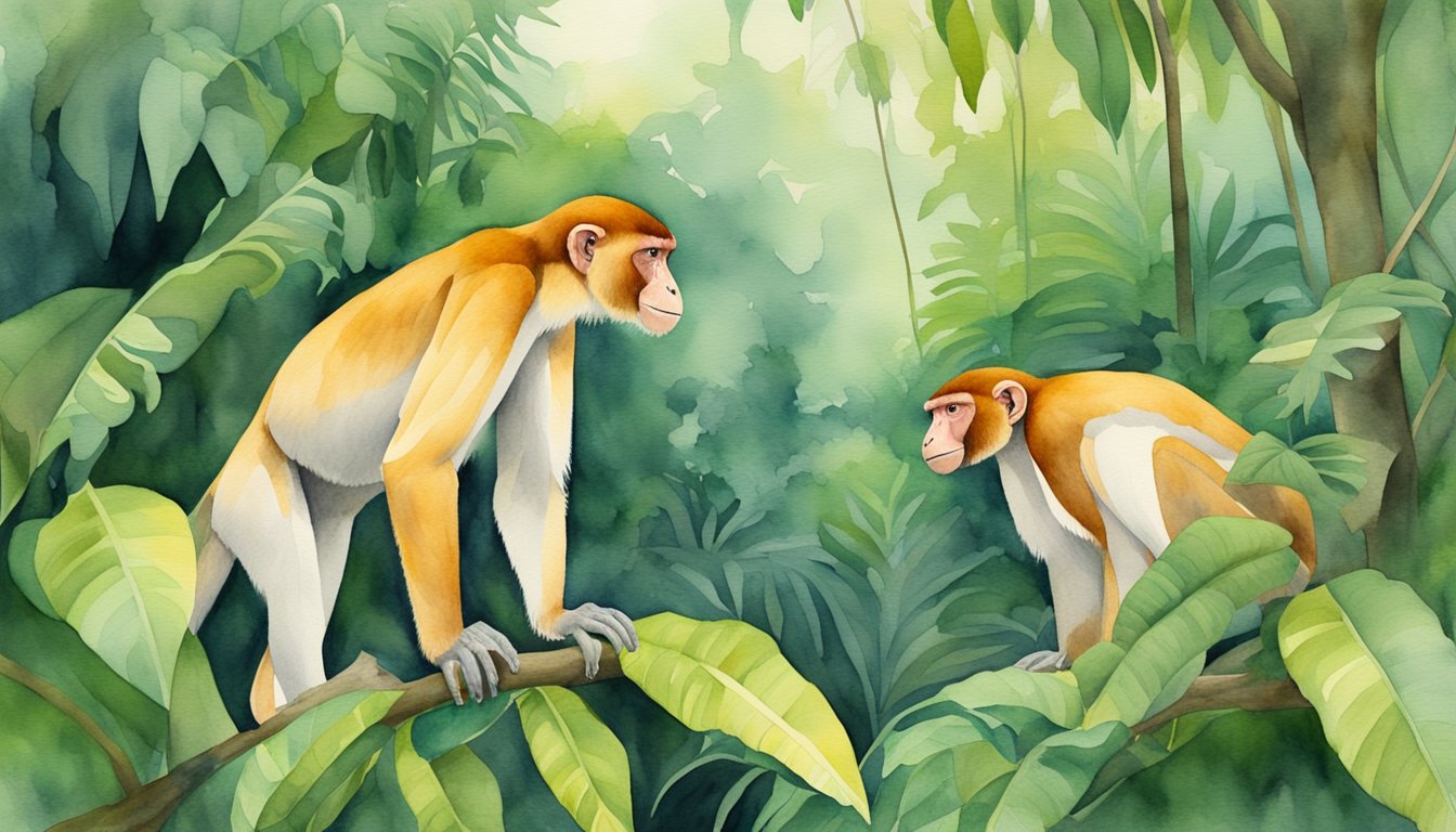 Proboscis monkeys in lush rainforest, facing habitat loss and hunting threats