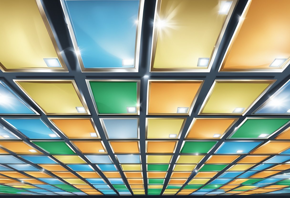 Various types of suspended ceiling tiles hang in a grid pattern, including acoustic, decorative, and metal tiles. Lighting fixtures are visible above the tiles