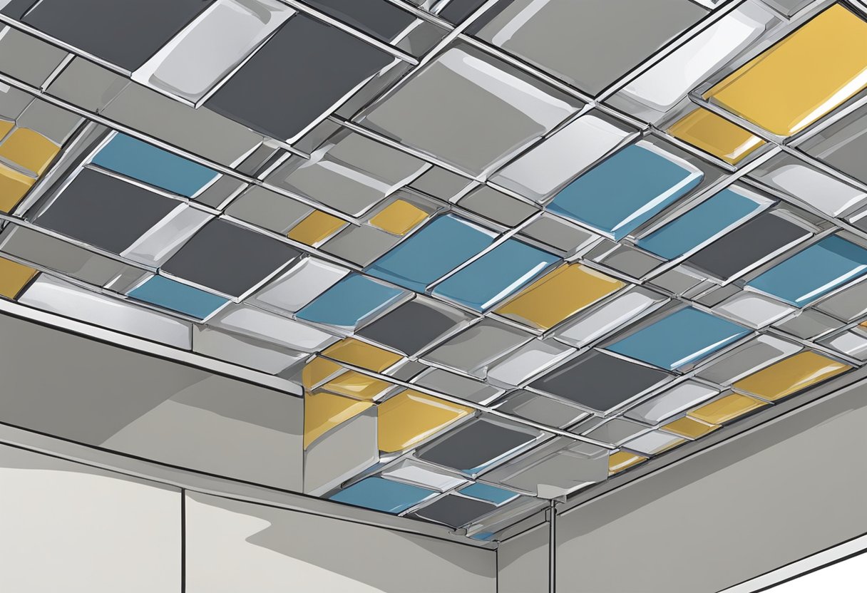 Metal grid hung from ceiling. Tiles placed within grid. Installer secures tiles in place