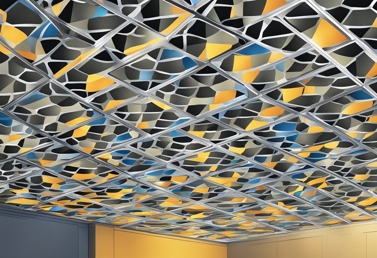 A modern ceiling panel suspended from metal grid, featuring geometric patterns and recessed lighting