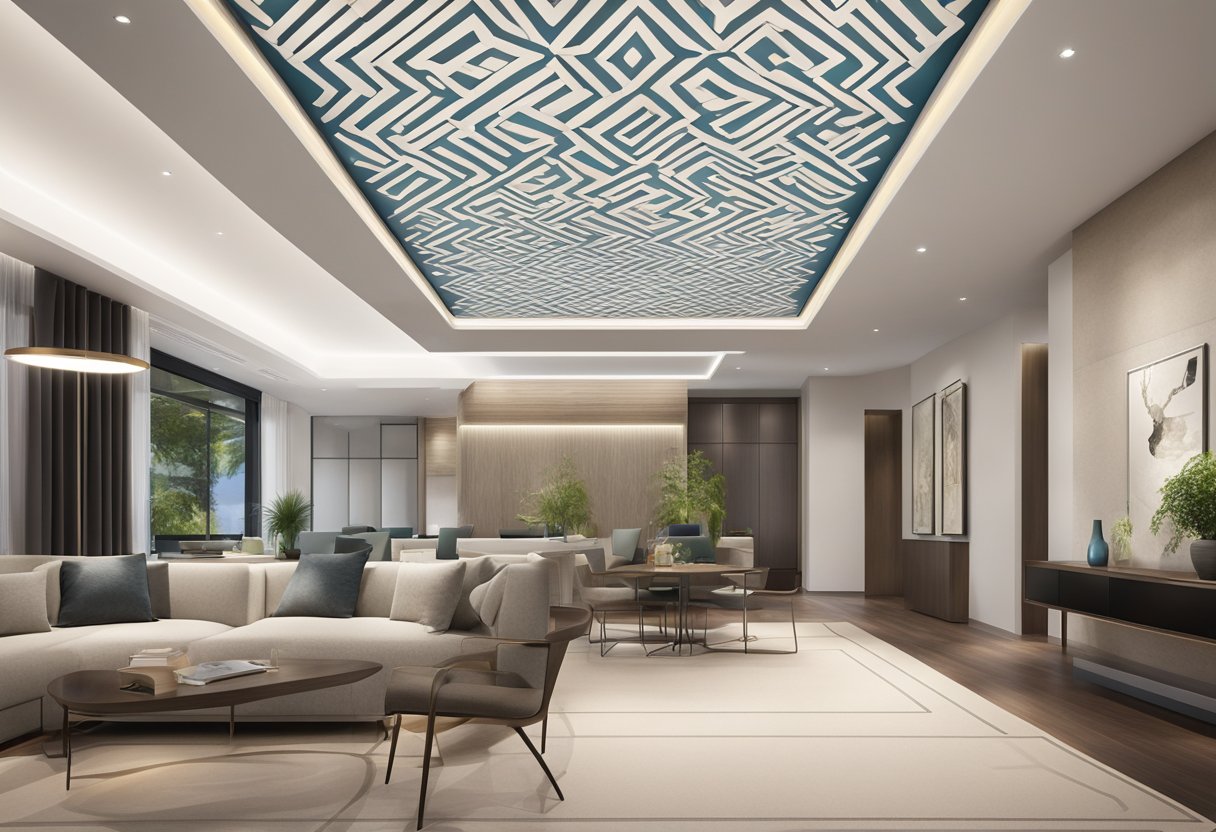 A modern ceiling panel suspended from above, featuring sleek lines and geometric patterns, with integrated LED lighting for a contemporary look
