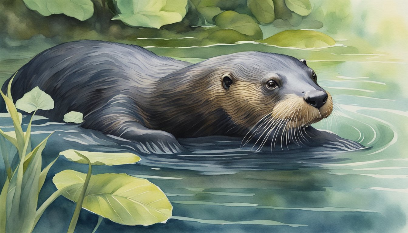 The giant otter swims gracefully in a clear, flowing river, surrounded by lush greenery and tall trees.</p><p>Its sleek, dark fur glistens in the sunlight as it effortlessly glides through the water