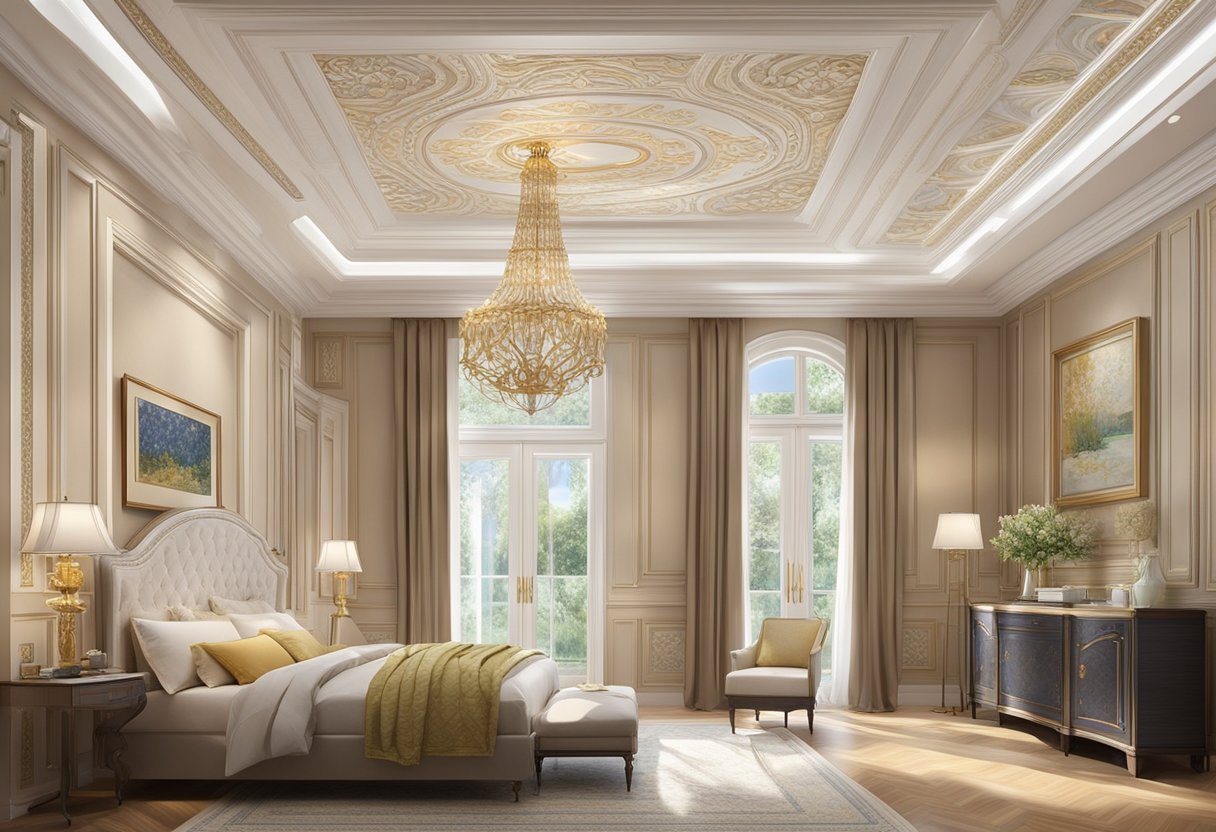 The decorative ceiling panels add elegance to the interior, with intricate designs and patterns