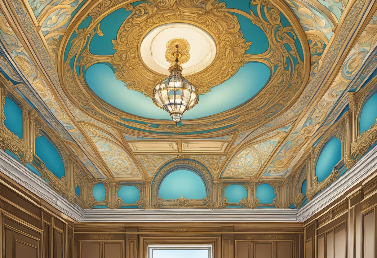 Decorative ceiling panels hang in a grand, ornate room, casting intricate shadows