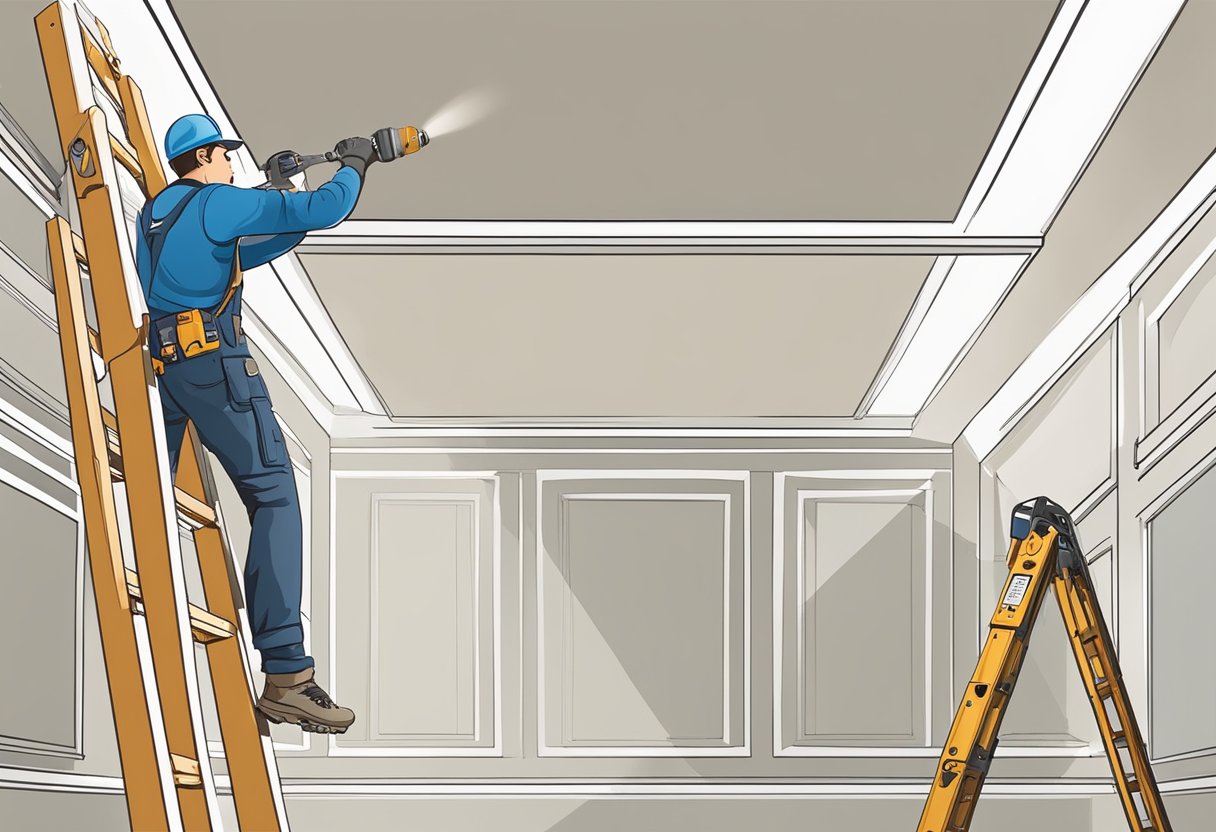A ladder is positioned beneath the ceiling panels, while a worker uses a drill to secure the decorative interior pieces in place