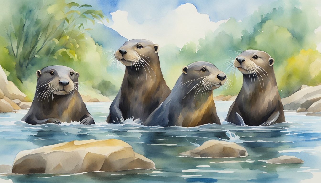 A group of giant otters playfully swim and fish in a pristine river, while communicating with each other through high-pitched calls and chirps