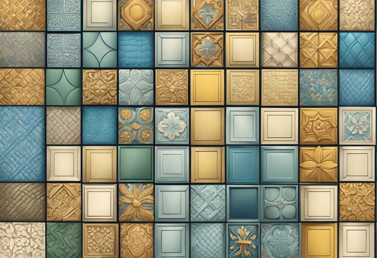 Various 600 x 600 ceiling tiles arranged in a grid pattern, showing different textures and designs