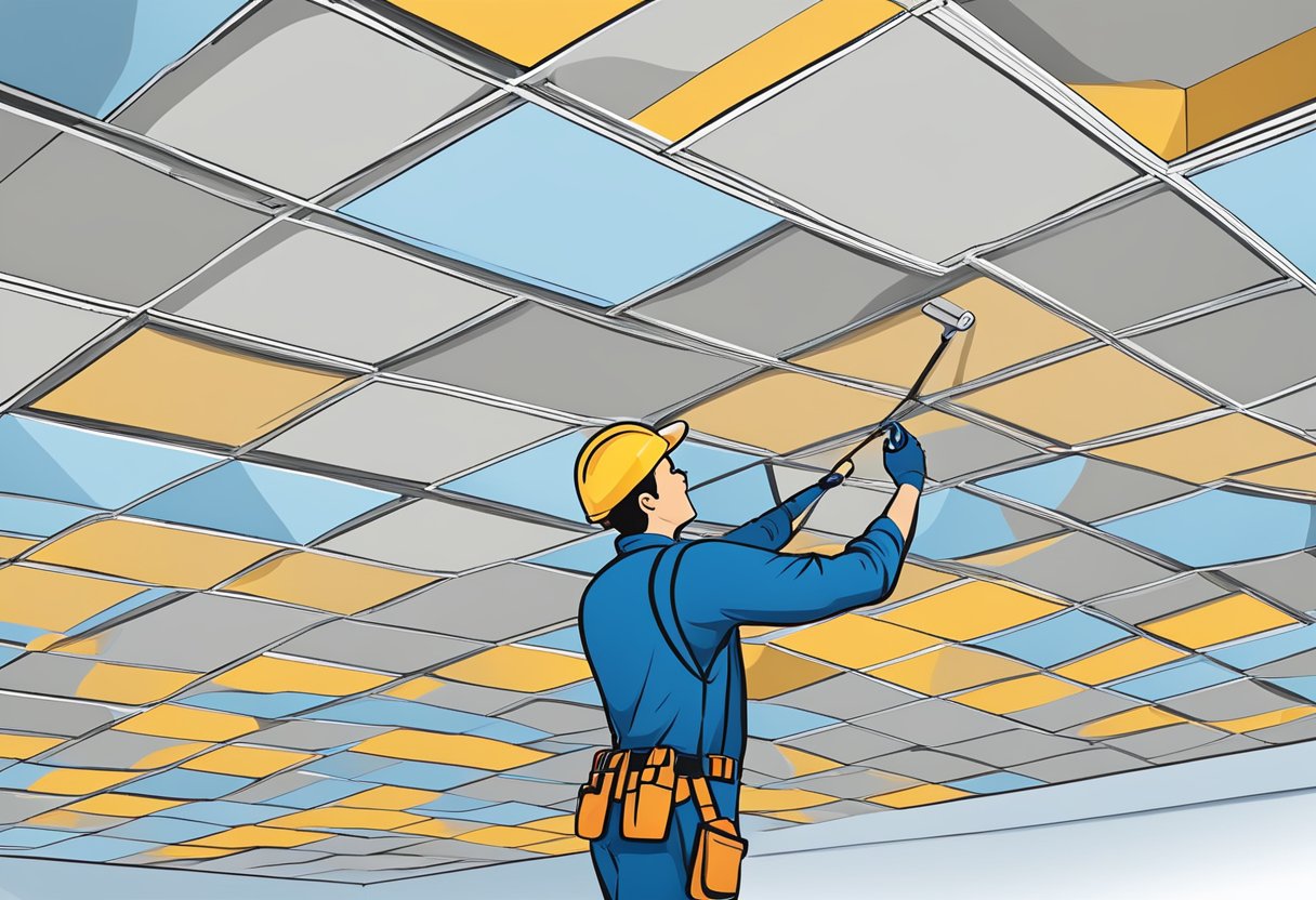 A worker installs 600 x 600 ceiling tiles in a grid pattern on a suspended ceiling frame