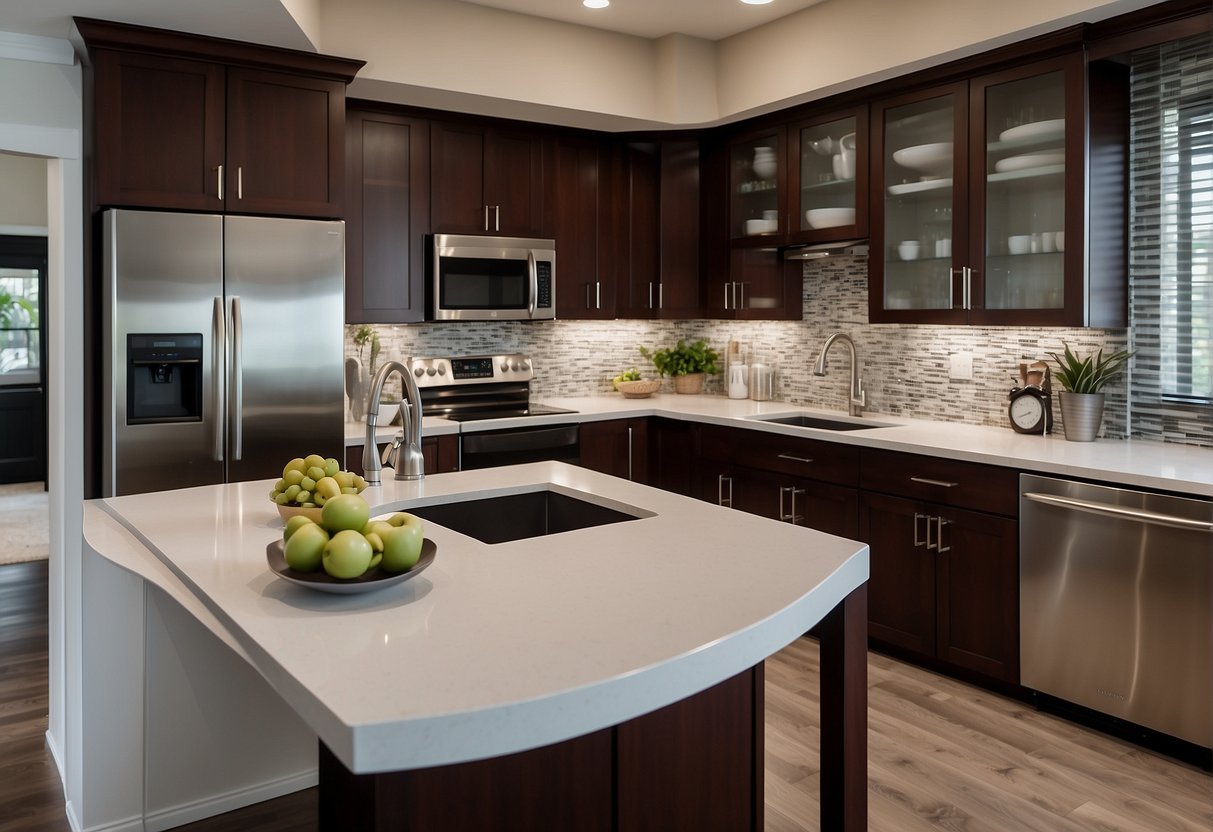 Sleek stainless steel appliances contrast against rich cherry cabinets, accented with minimalist hardware and a clean, white quartz countertop