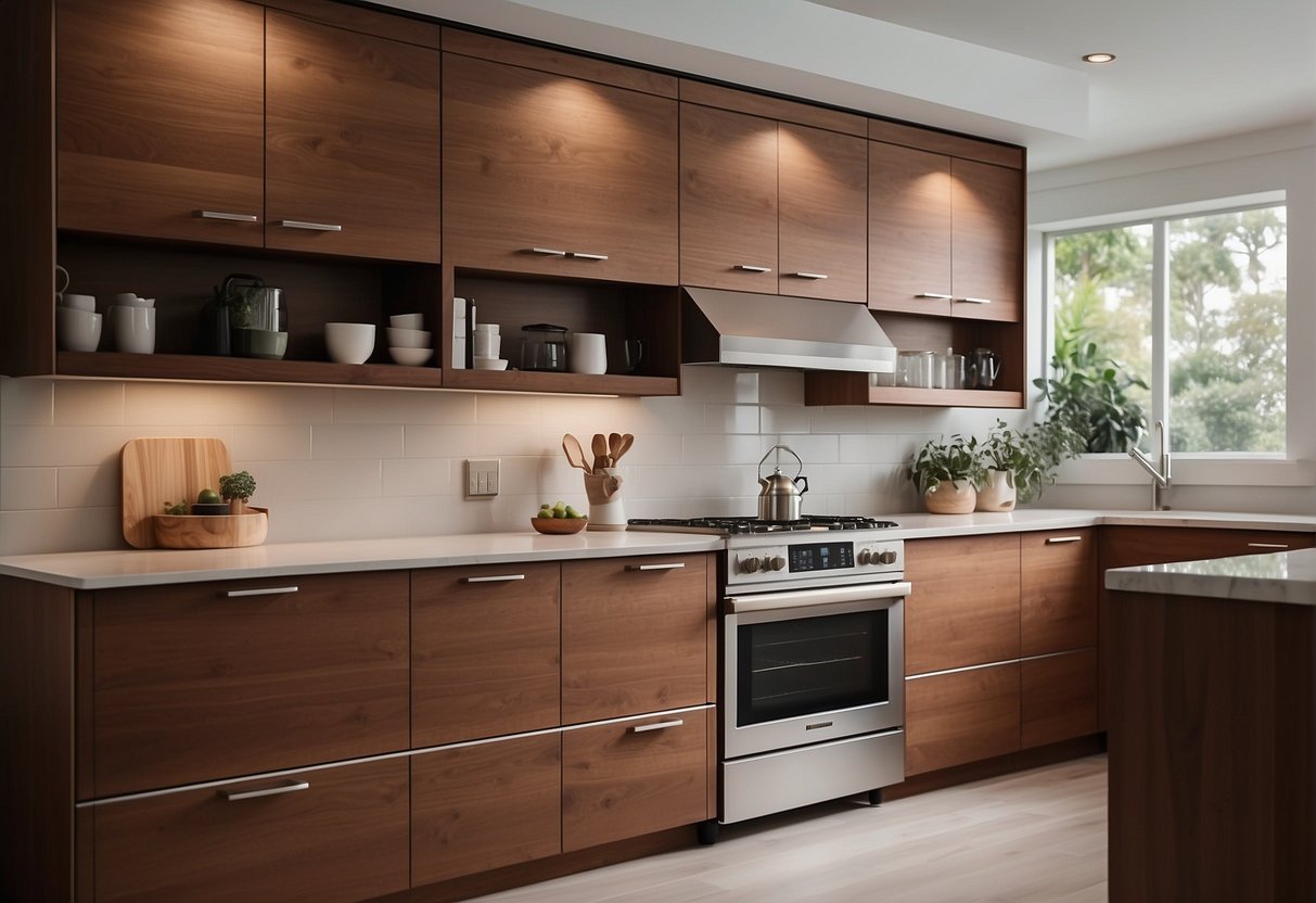 Cherry wood cabinets with sleek, minimal hardware and clean lines. Use light, neutral wall colors and modern, geometric accents for a contemporary look