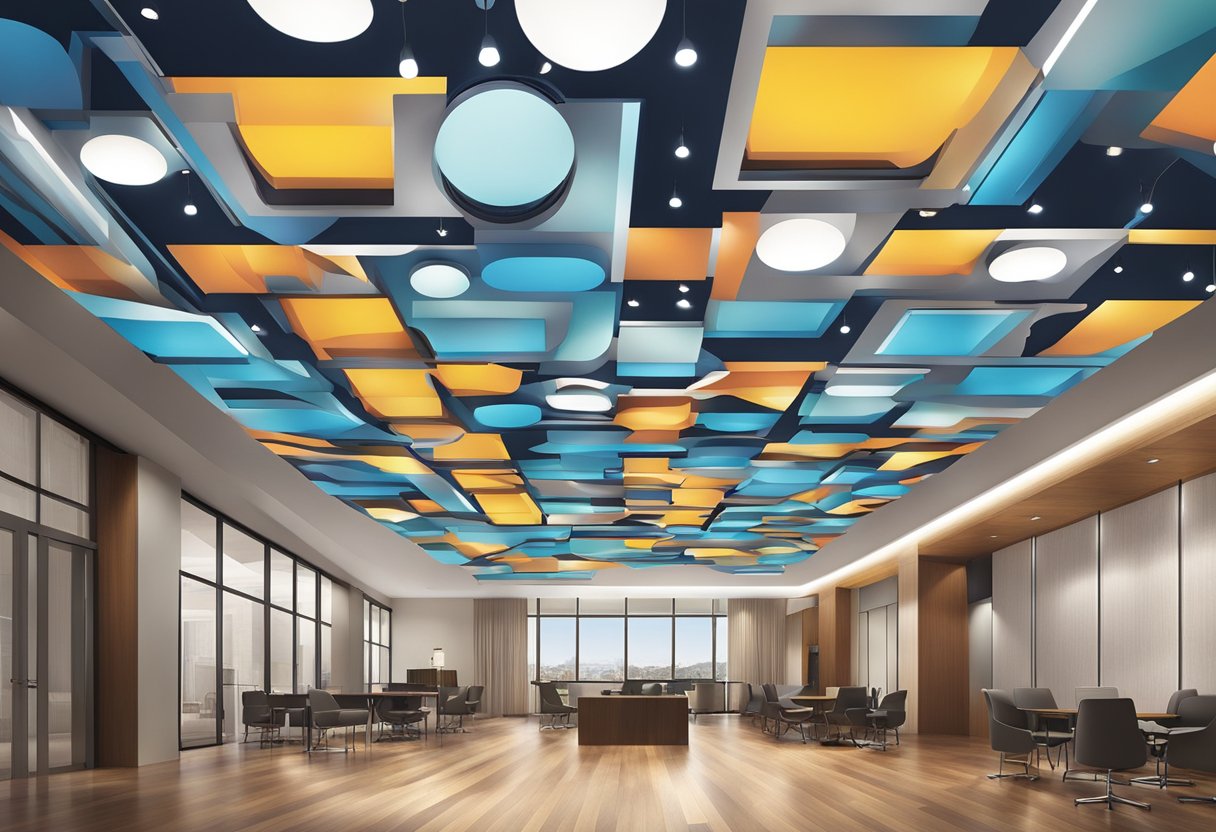 The commercial ceiling features geometric patterns, bold colors, and strategic lighting to create a modern and dynamic atmosphere