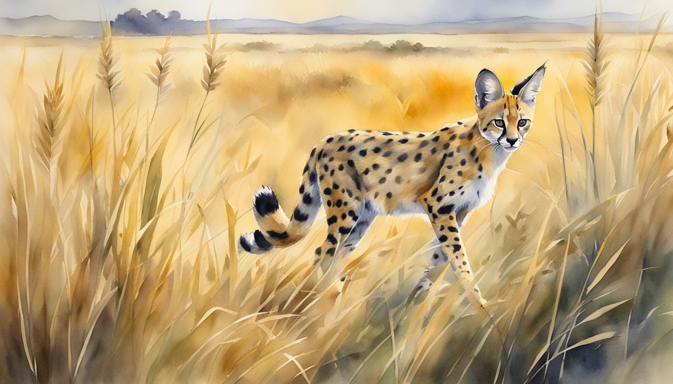 A serval cat with long legs and a golden coat prowls through tall grass in the African savanna