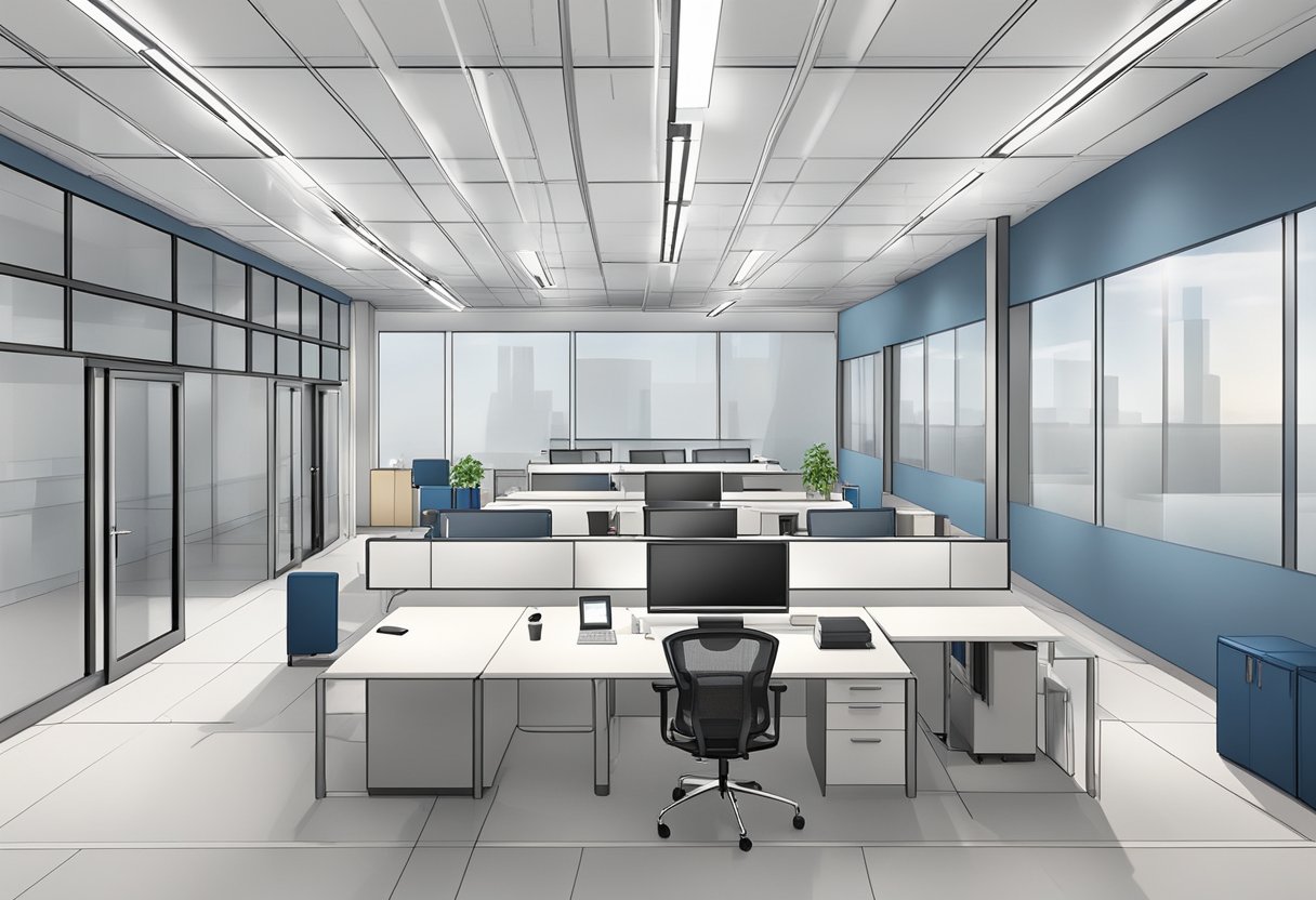 The office ceiling is white with recessed lighting and air vents. There are acoustic ceiling tiles and exposed metal beams